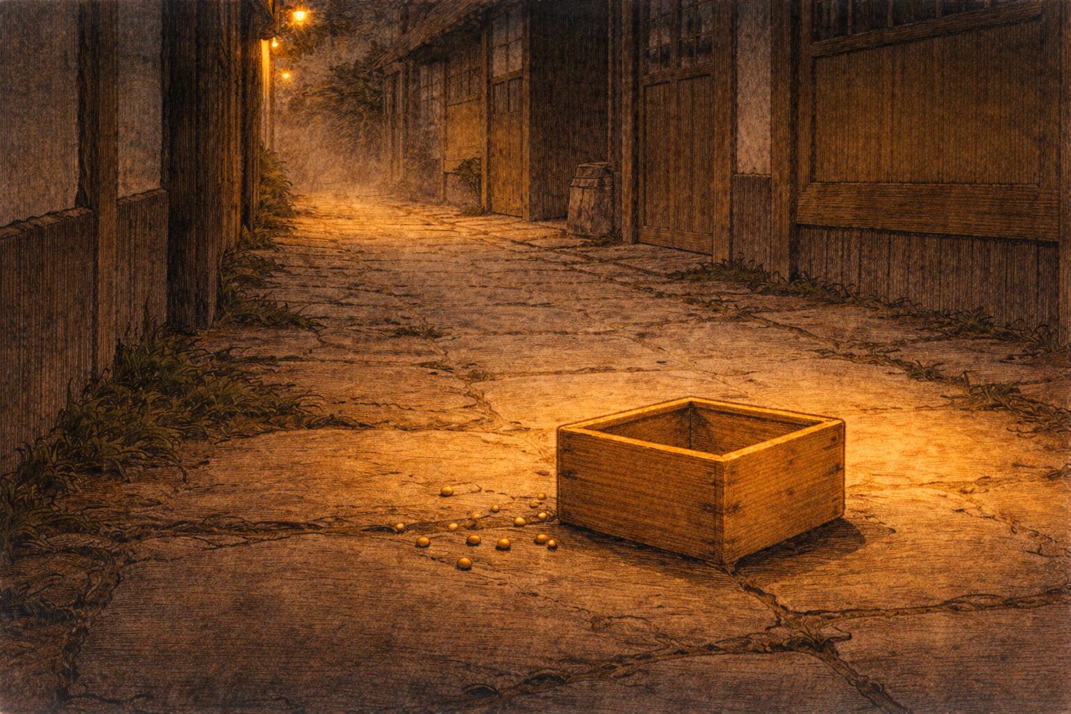 夜の路地に空の枡だけが残り与太郎商売の余韻が漂う一場面