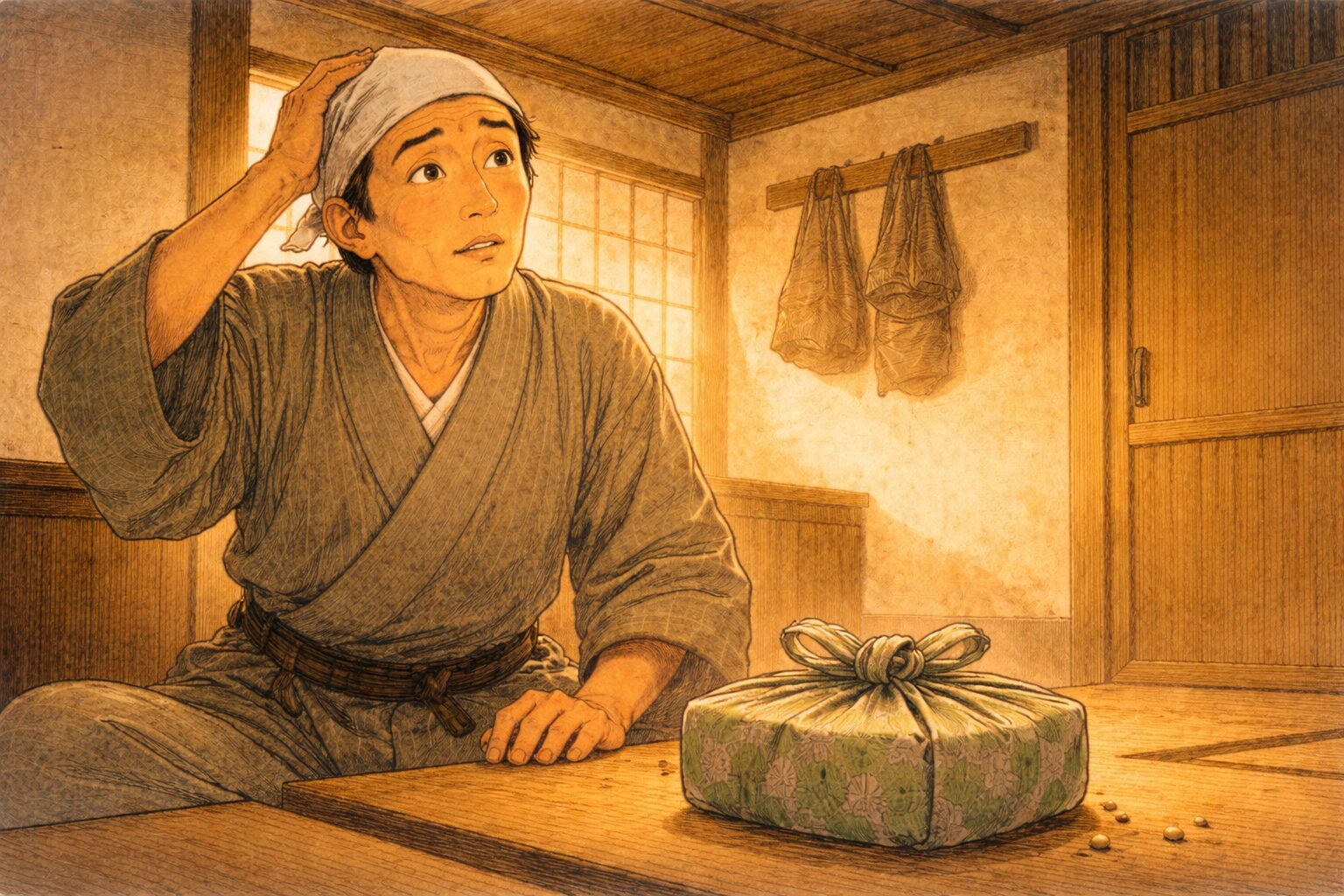 昼の長屋で水屋の男が大金の包みを前に隠し場所を思案する一場面