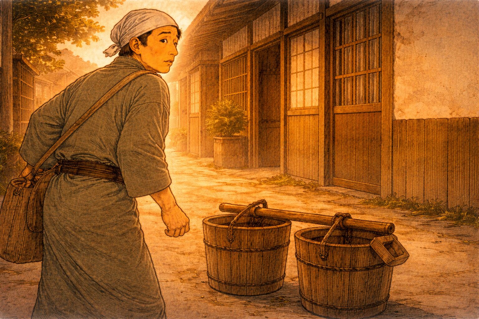 夕方の水屋が担ぎ桶を置いたまま何度も長屋の方を振り返る一場面