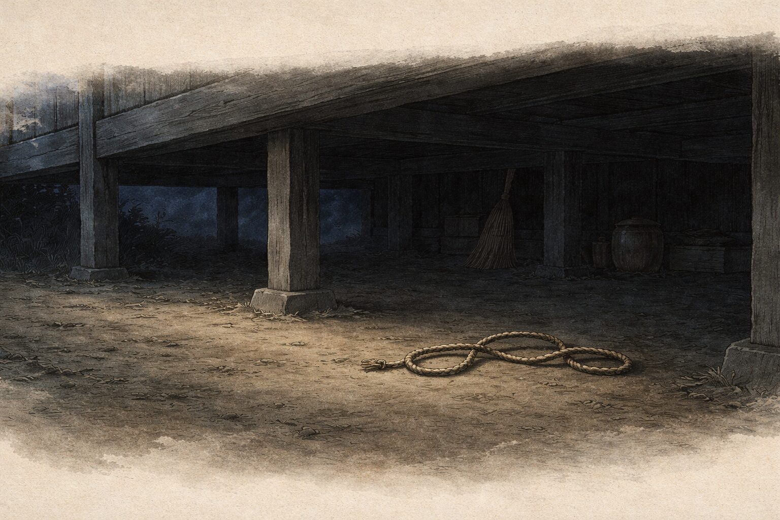 夜の長屋の床下に空の縄だけが残り不安の余韻が静かに漂う一場面