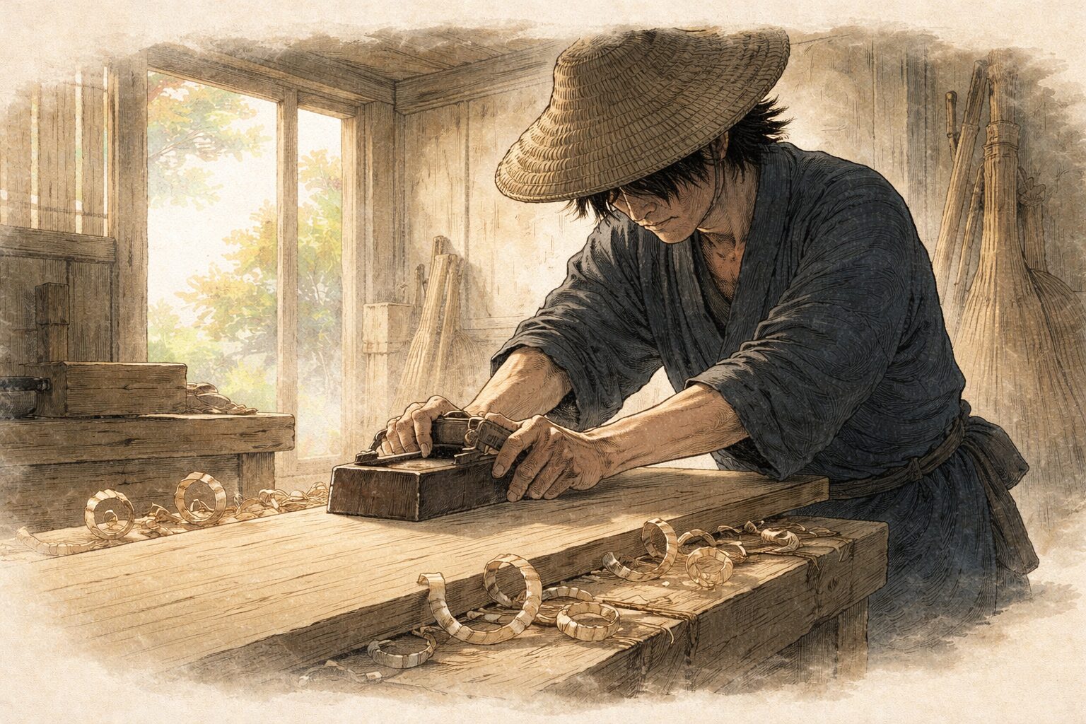 昼の大工小屋で風変わりな男が板を前に静かに鉋をかける一場面