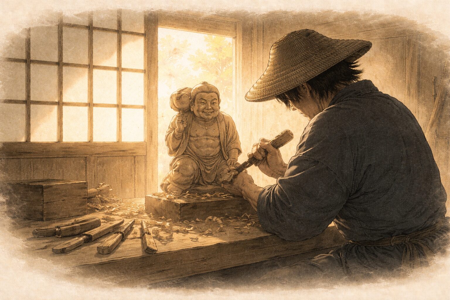 夕方の棟梁の家の二階で男が大黒天を彫り込み日の差す中で姿が浮かぶ一場面