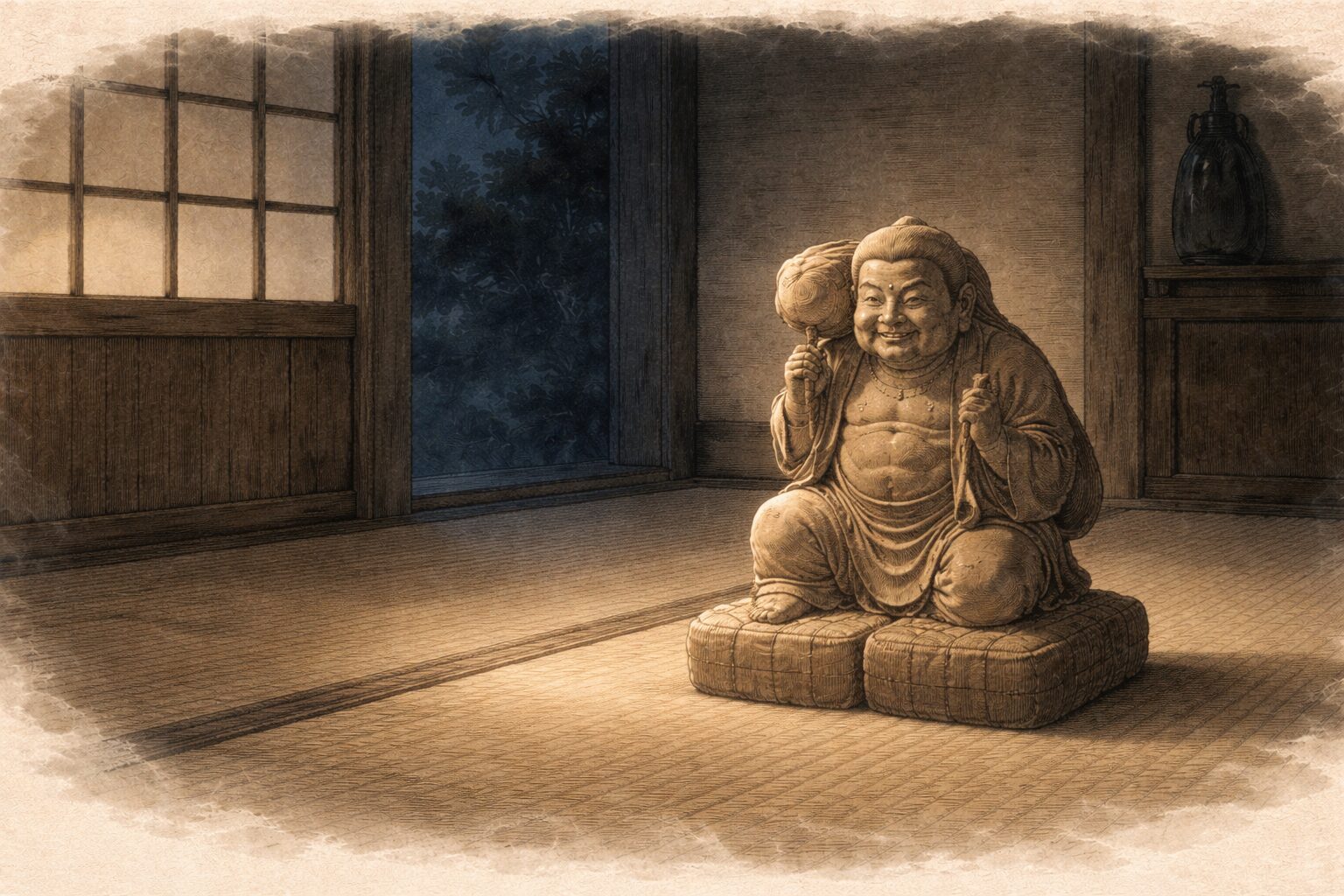 夜の座敷に大黒天の彫り物だけが置かれ名工の余韻が静かに漂う一場面