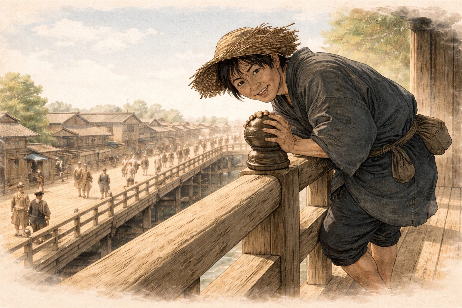 昼の両国橋で与太郎が欄干につかまり身投げのふりをして通行人の様子をうかがう一場面