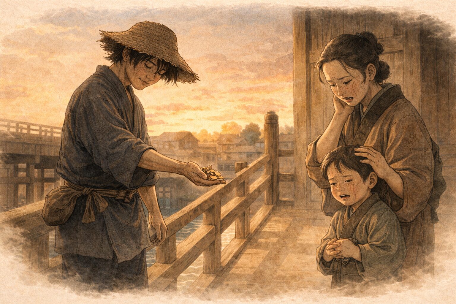 夕方の橋詰で与太郎が泣く親子の前に立ち尽くし握った金を差し出す一場面