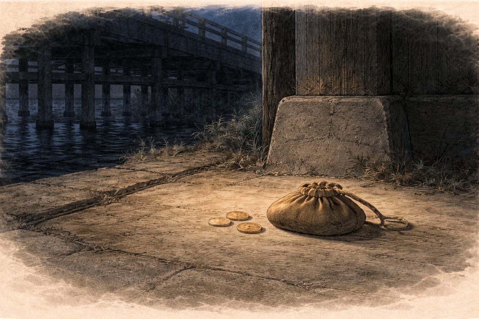 夜の橋のたもとに小銭入れだけが残り騙し合いの余韻が漂う一場面