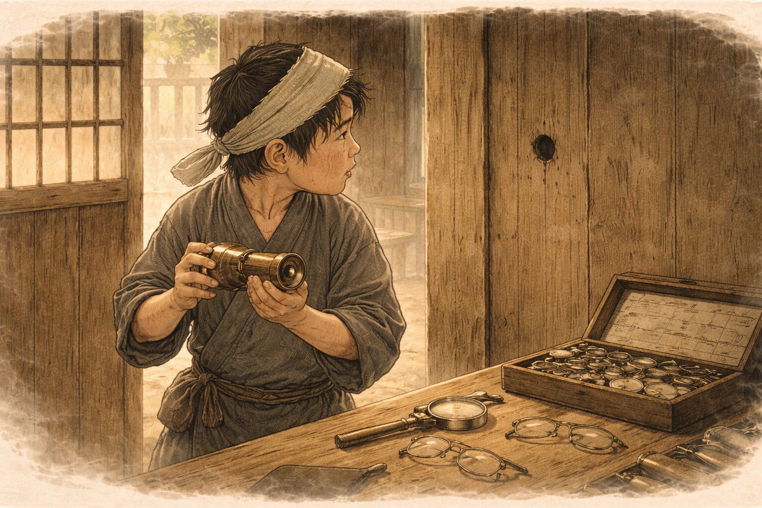 昼の眼鏡屋の店先で丁稚が道具を手に節穴の方を気にしている一場面