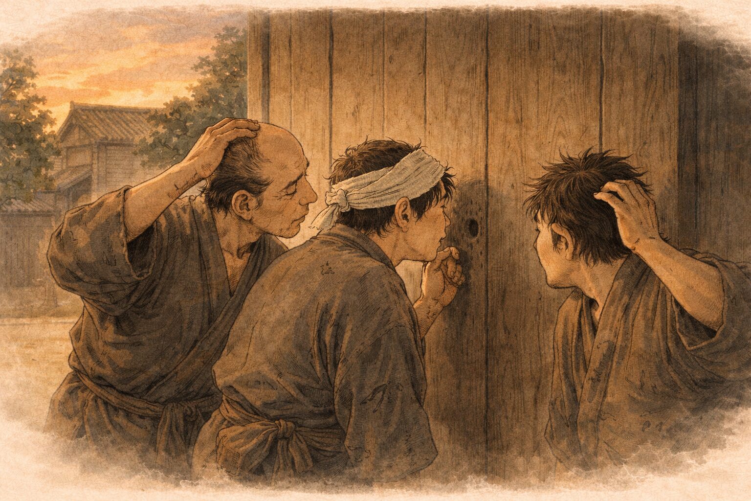 夕方の店の外で三人の泥棒が節穴をのぞき込み首をひねって相談する一場面