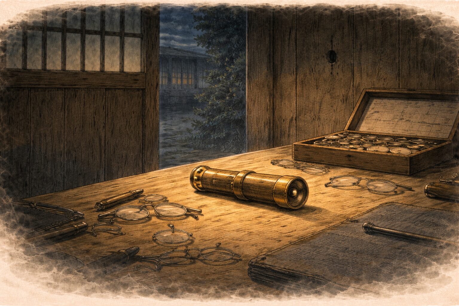 夜の眼鏡屋の店内に望遠鏡だけが残り見え方の余韻が漂う一場面