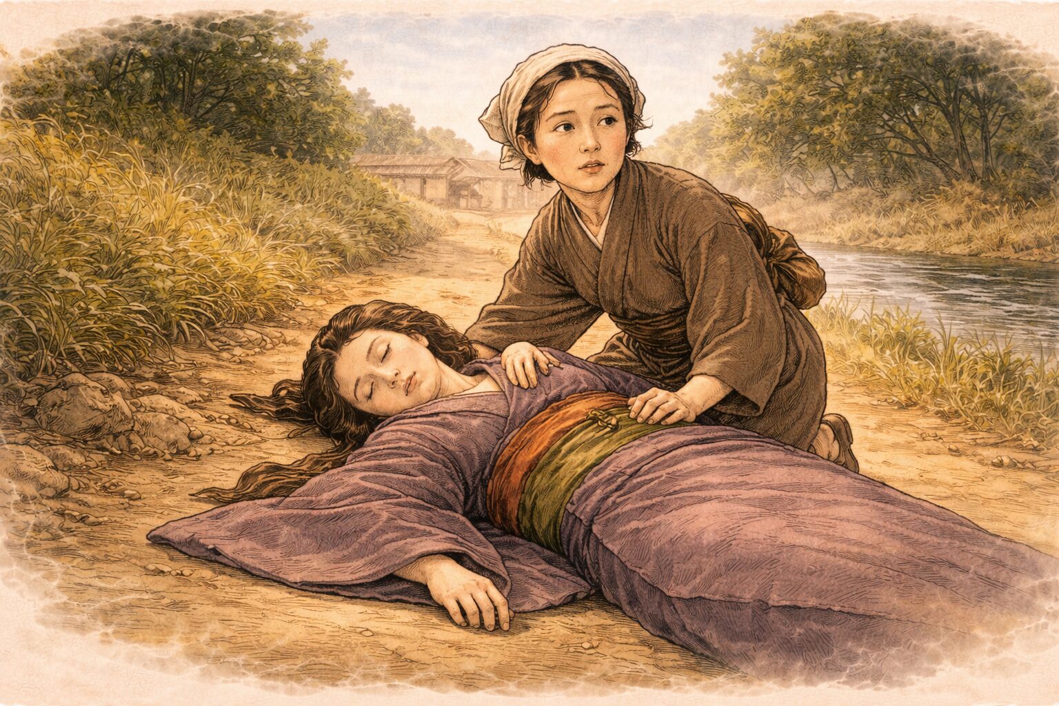 昼の土手道で女中が倒れた奥方のそばにかがみ込み通りの先をあわてて見やる一場面