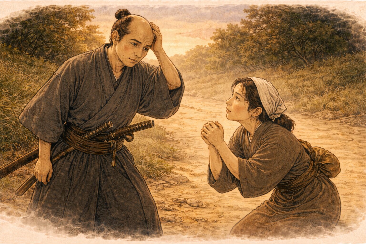 夕方の道ばたで禿頭の武士が困り顔で立ち女中が必死に頼み込む一場面