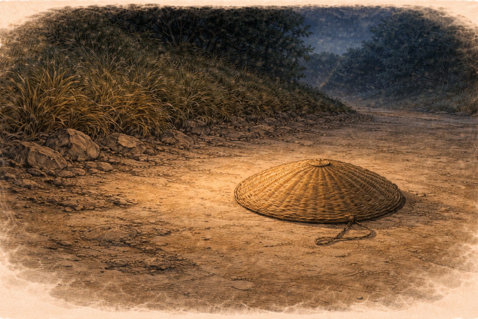 夜の道ばたに丸い笠だけが残り騒動の余韻が静かに漂う一場面