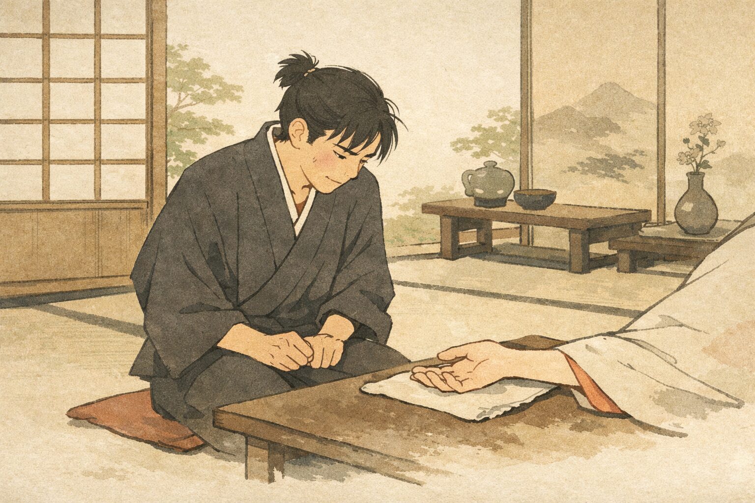 昼の上品な座敷で若い弟子医者が娘の手元を前に緊張して身を固くする一場面