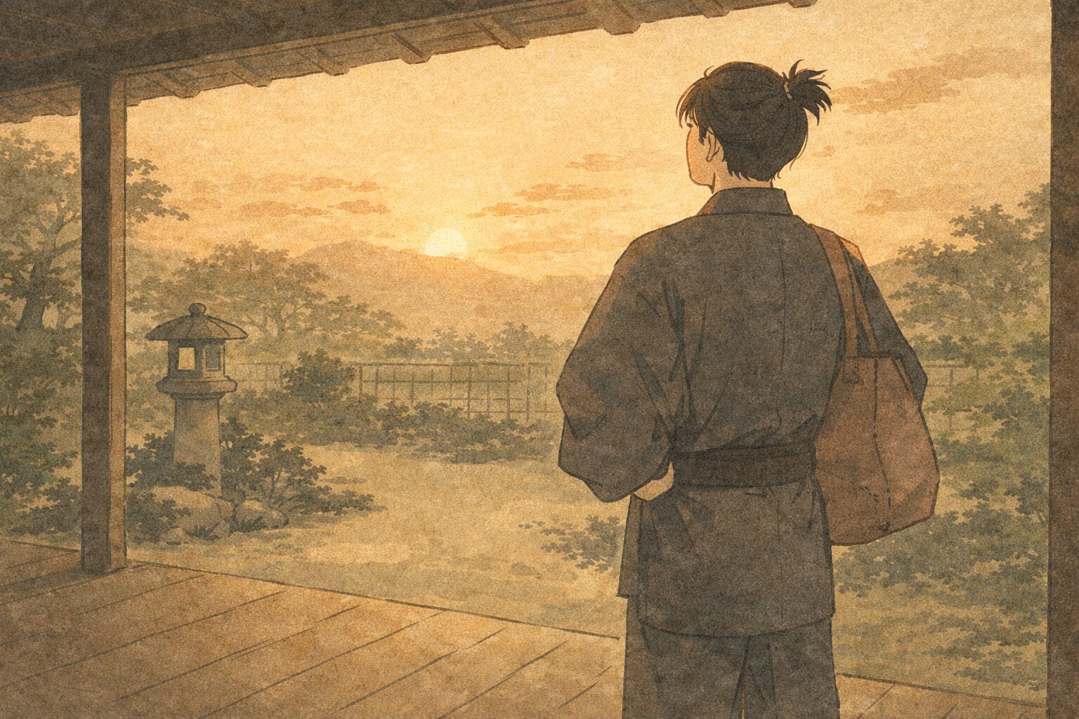 夕方の診療帰りの縁側で若い弟子医者がひとり胸を張りつつもどこか落ち着かない後ろ姿を見せる一場面