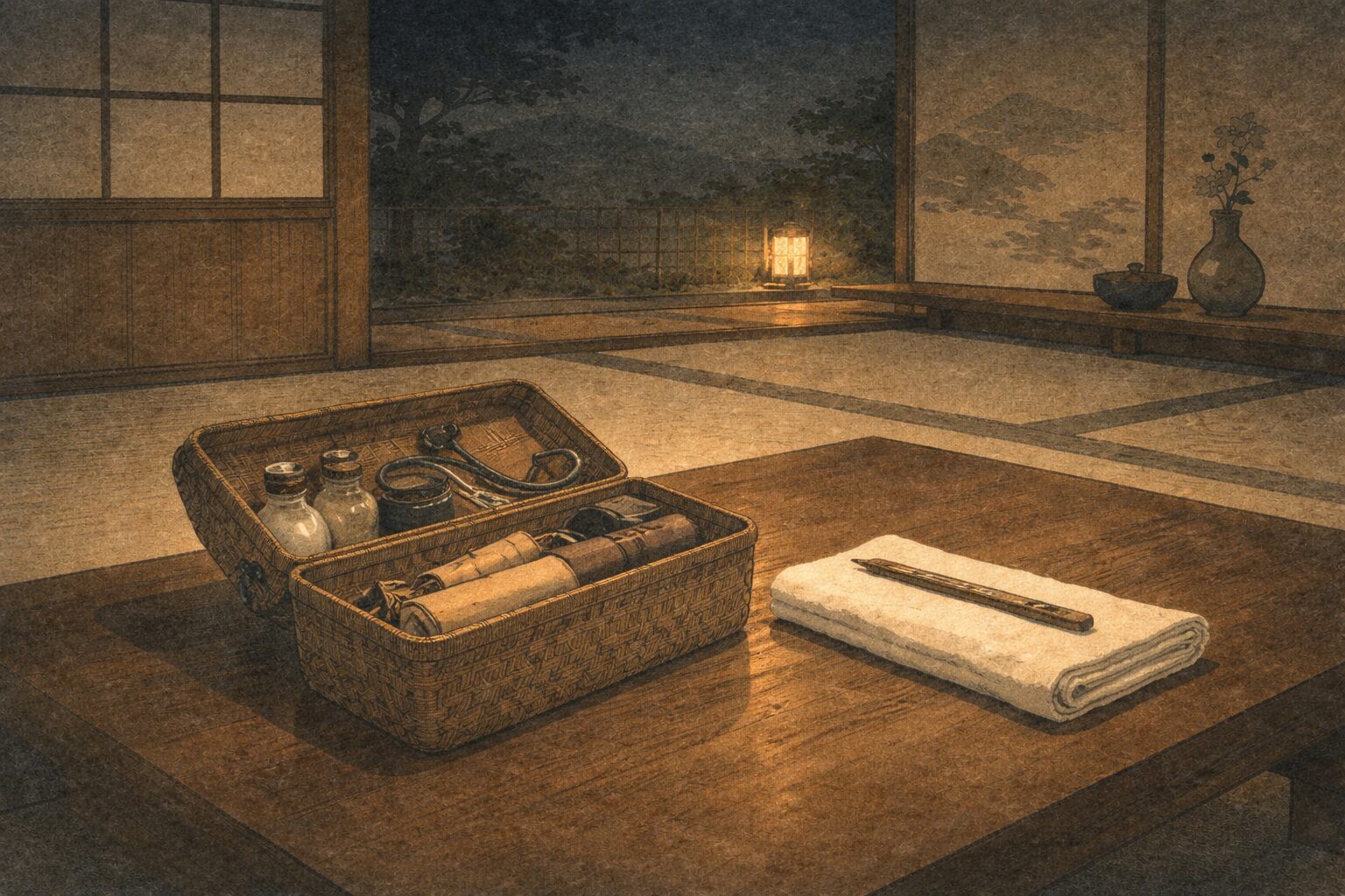 夜の静かな座敷に診察道具だけが残され気まずい余韻が漂う一場面