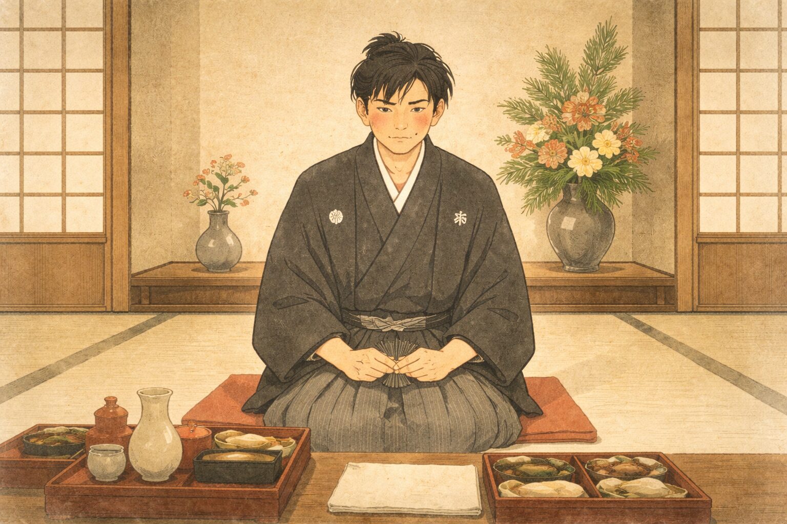 昼の婚礼座敷で男が居住まいを正し謡い出す直前に緊張している一場面