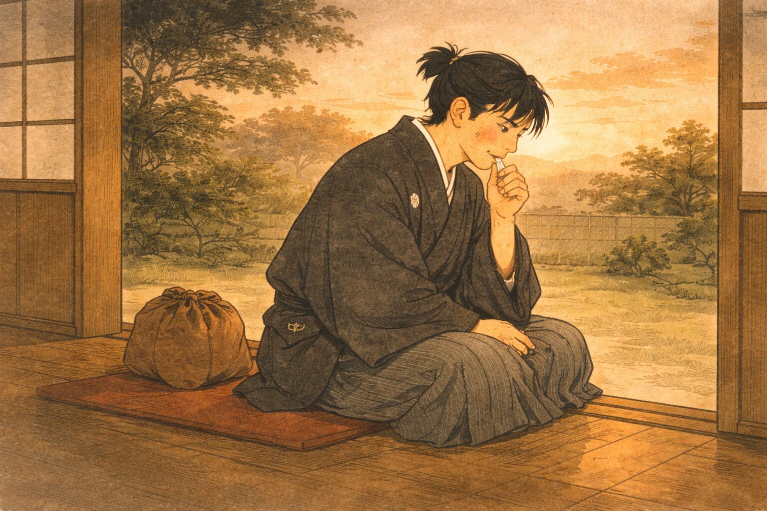 夕方の縁側で男が教わった文句をひとり口の中で確かめている一場面