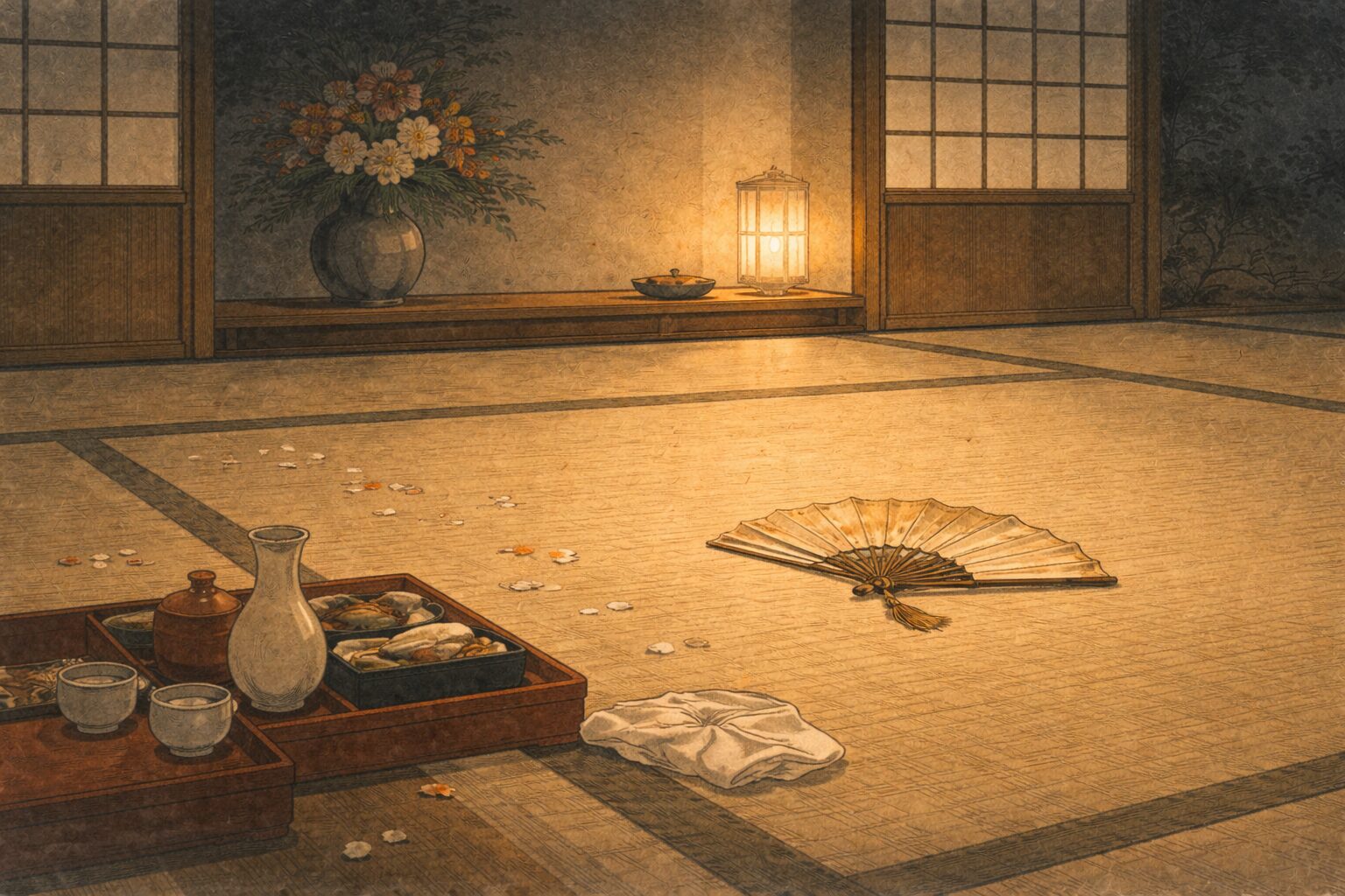 夜の静かな婚礼座敷に扇だけが残り祝いの余韻と気まずさが漂う一場面