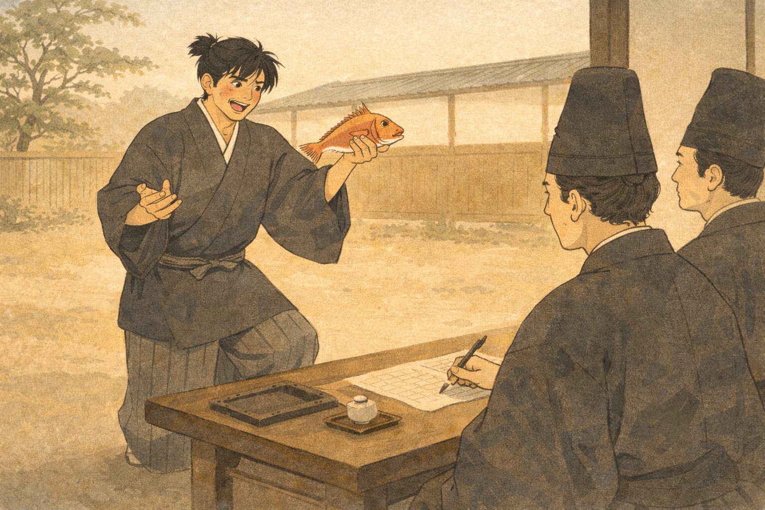 昼の白州で男が役人の前に進み出て見慣れぬ魚の名を言い張る一場面