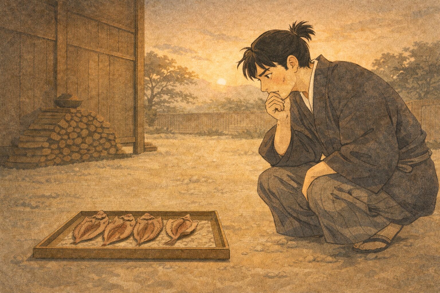 夕方の役所の裏手で男が干物を前に次の言い逃れを必死に考え込む一場面