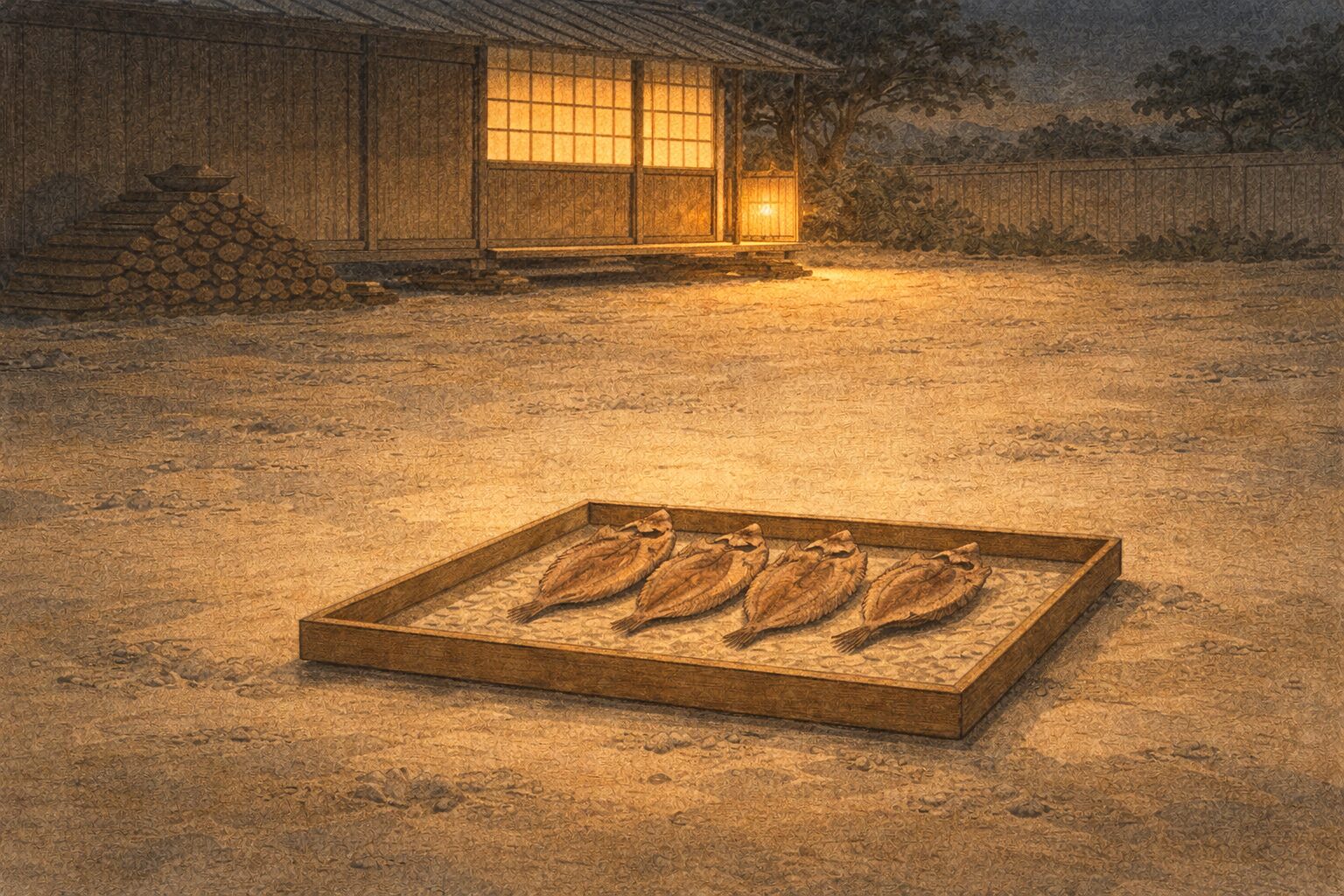 夜の白州に干物だけが残され言葉の理屈で助かった余韻が漂う一場面