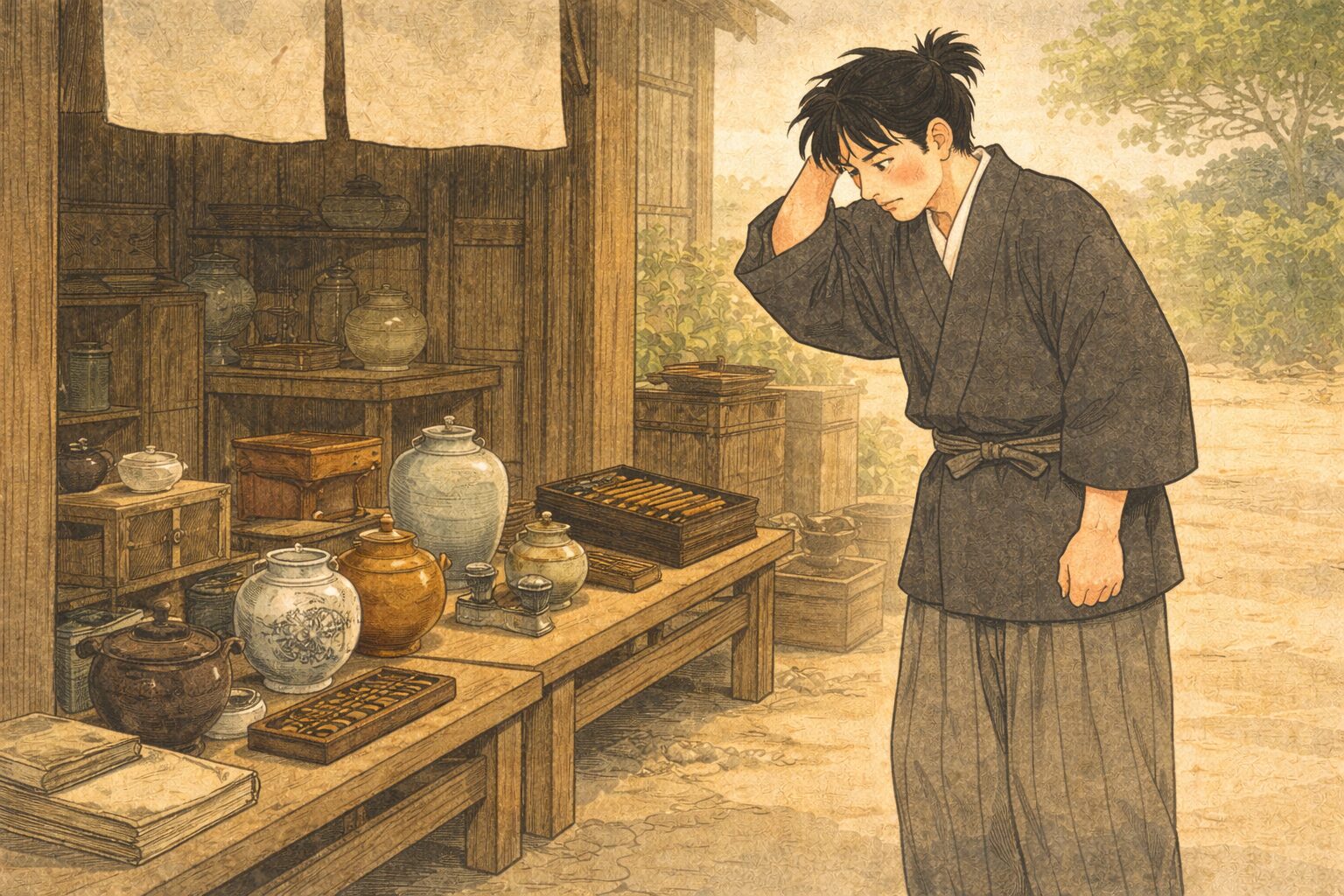 昼の古道具屋の店先で若者が並んだ品を前におどおど立ち尽くす一場面