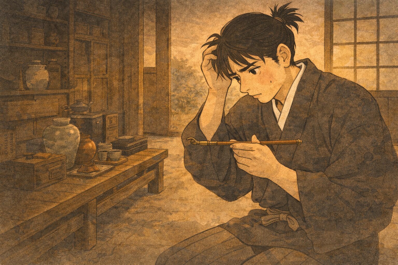 夕方の店の奥で若者が古い煙管を手に説明の文句を思い出そうと困っている一場面