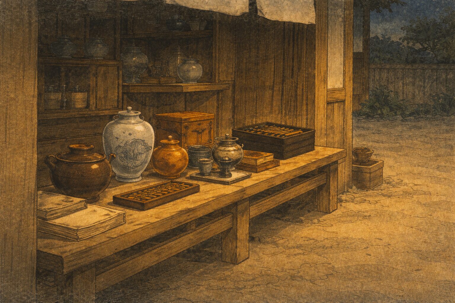 夜の店先に古道具だけが静かに残り商売の気まずい余韻が漂う一場面