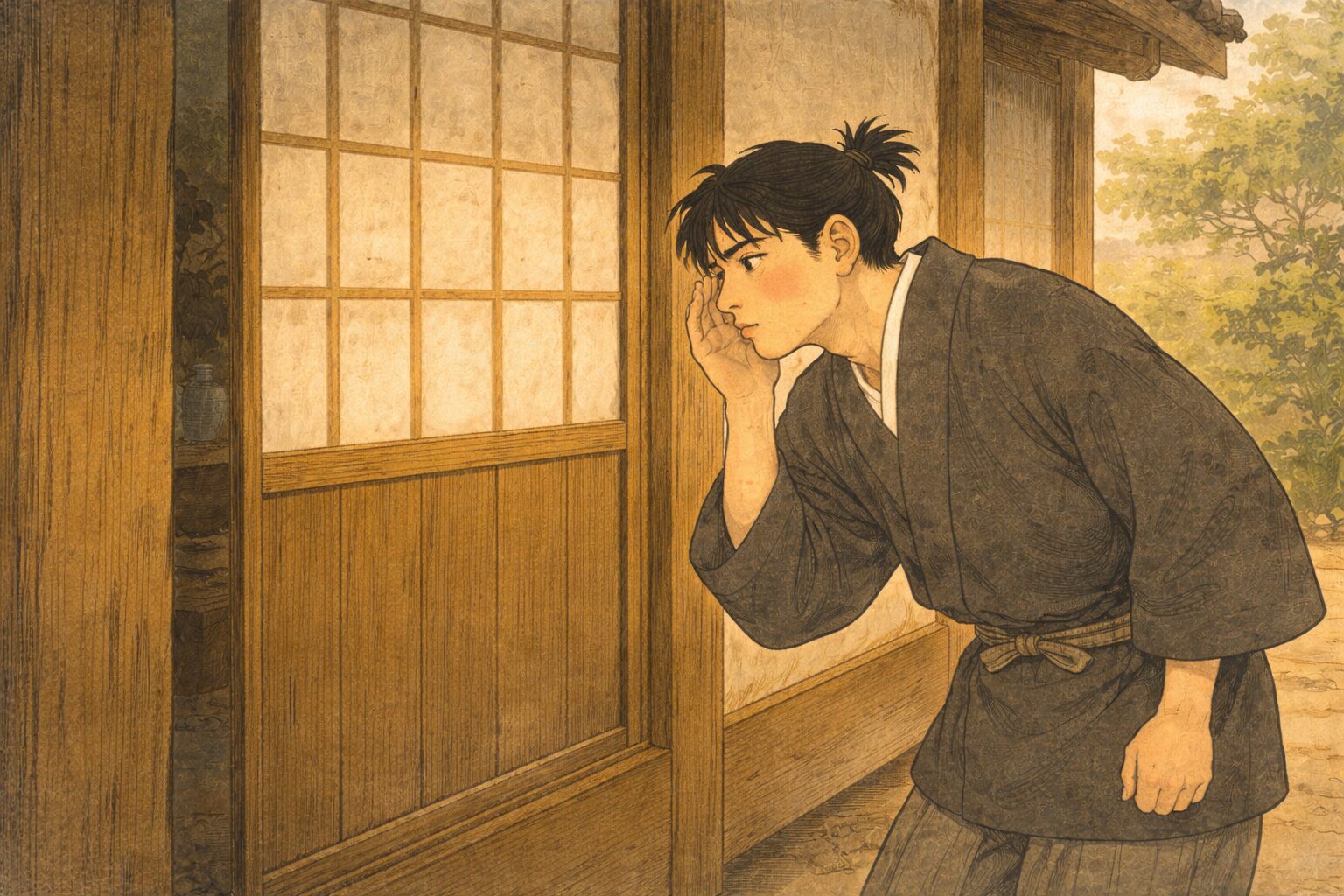 昼の稽古屋の前で幸助が中の声を深刻そうに聞き入る一場面