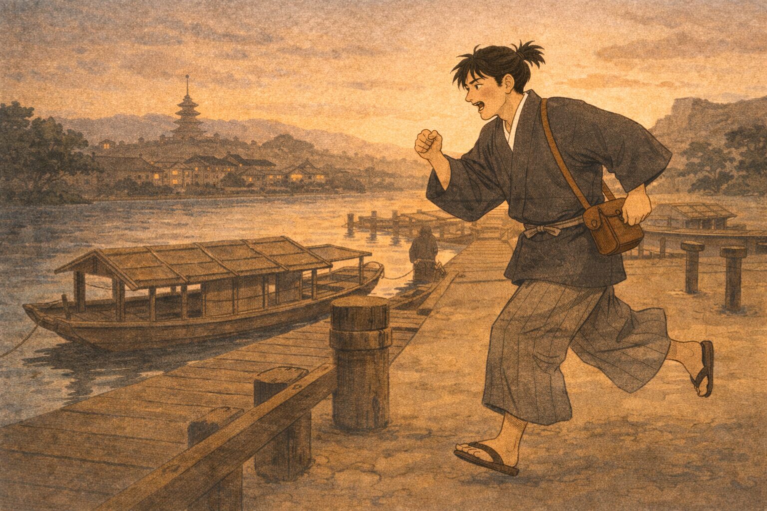 夕方の船着場で幸助が胴乱を下げたまま意気込んで京へ向かう一場面