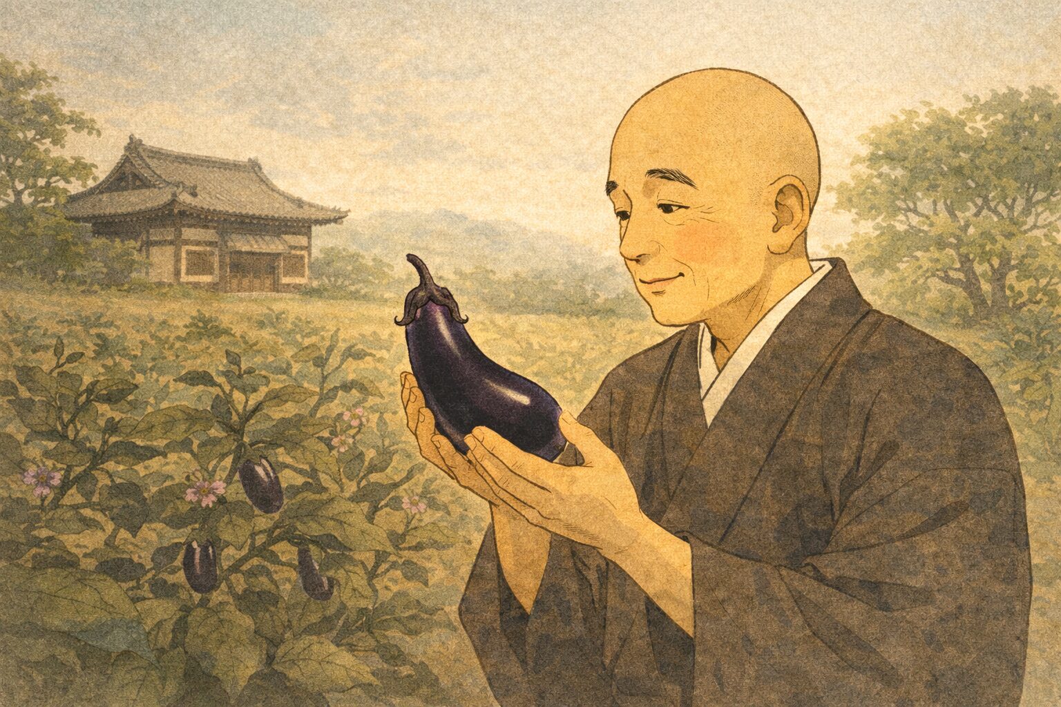 昼の寺の畑で和尚が艶のある茄子を大切そうに見つめる一場面