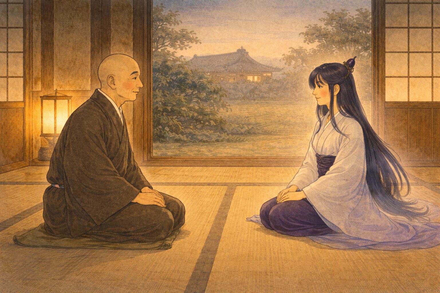 夕方の寺の座敷で娘姿の茄子の精が静かに和尚の前に座る一場面