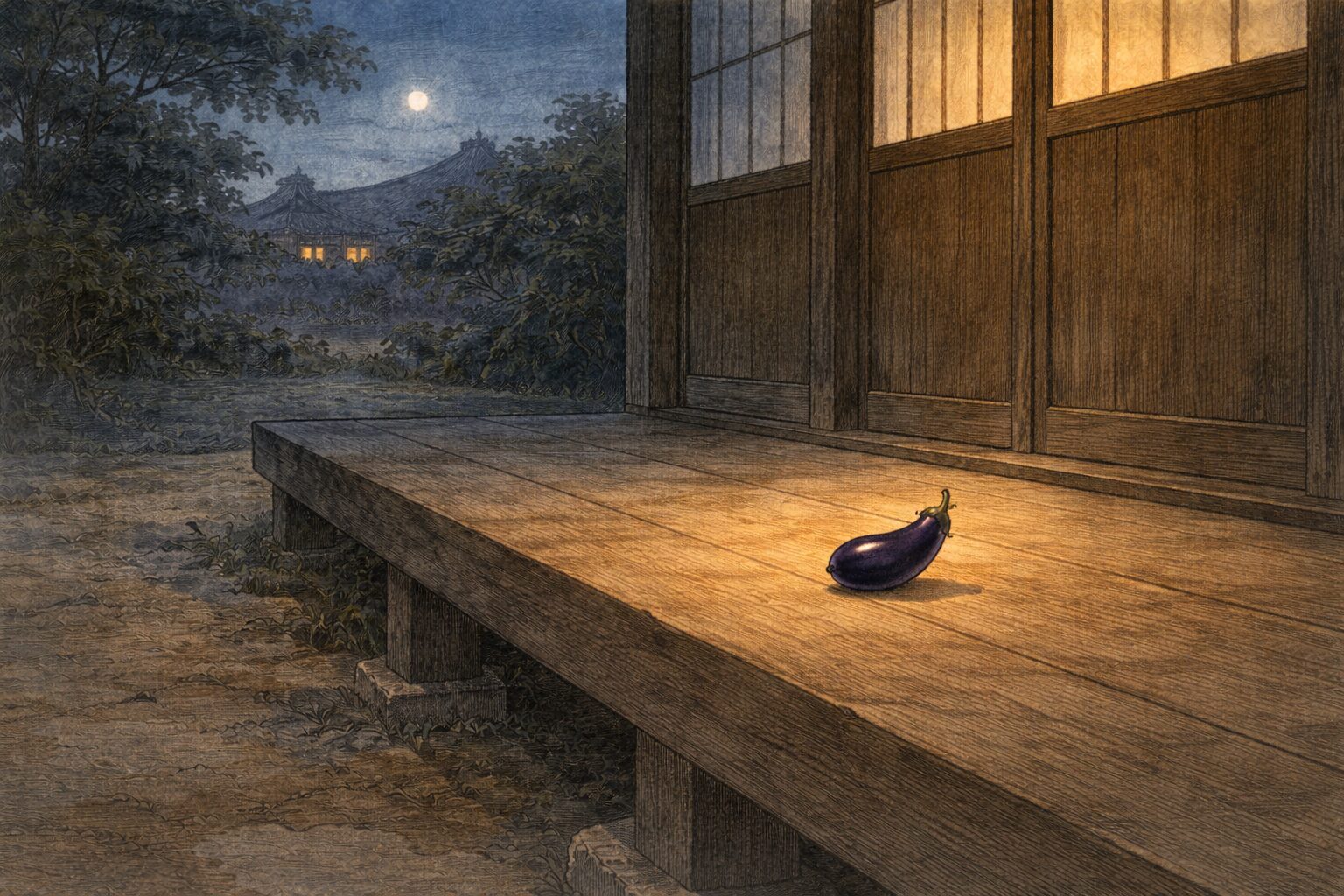 夜の寺の縁先に小さな茄子だけが残り不思議な因果の余韻が漂う一場面