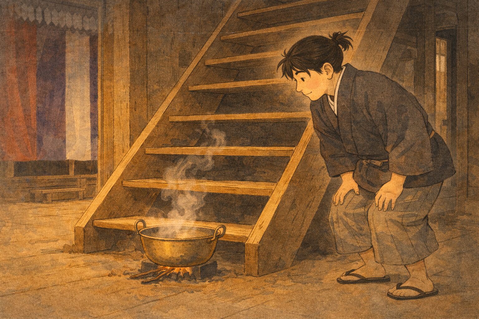 昼の芝居小屋の梯子段の下で若い衆が鍋を見守る一場面