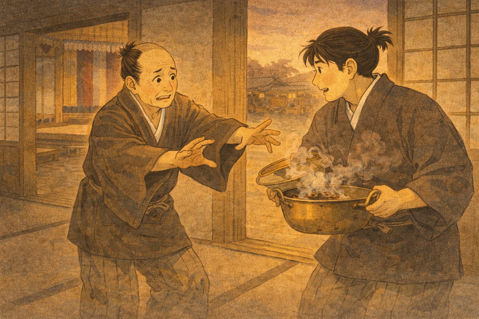 夕方の芝居茶屋で主人が困った顔で鍋を運ばせようとする一場面