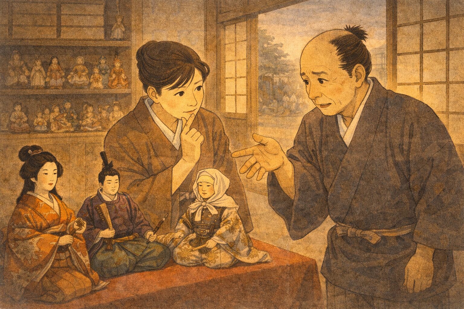 昼の人形店で大人ふたりが人形を選びながら迷う一場面