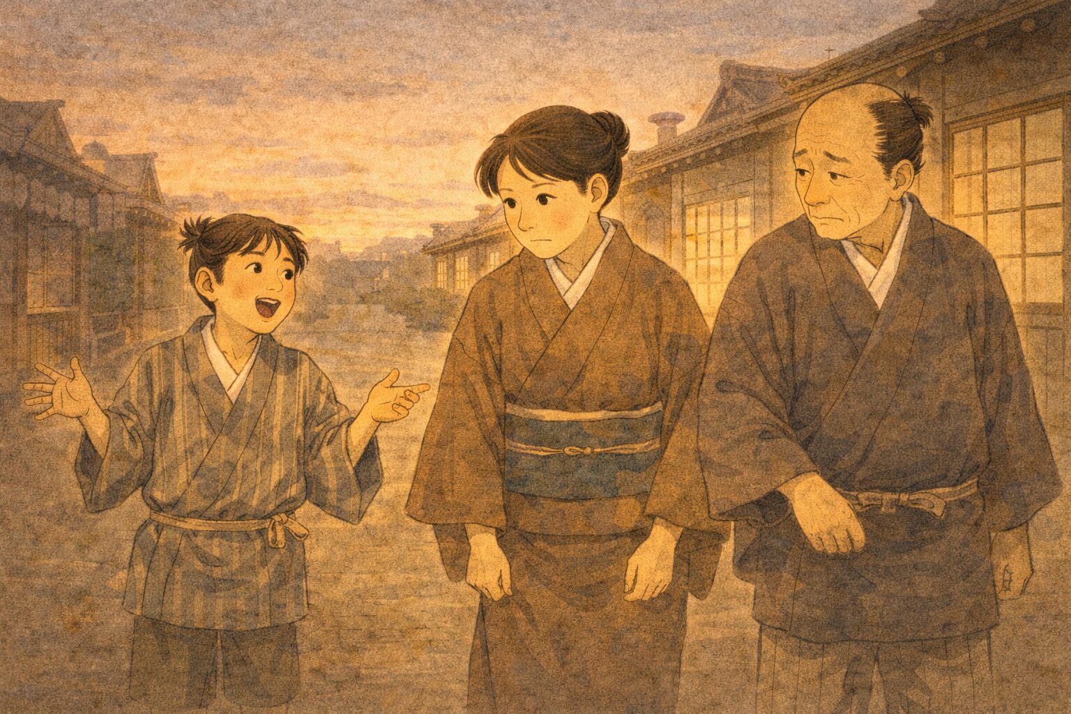 夕方の長屋へ向かう道で人形屋の小僧が得意げに話し続ける一場面