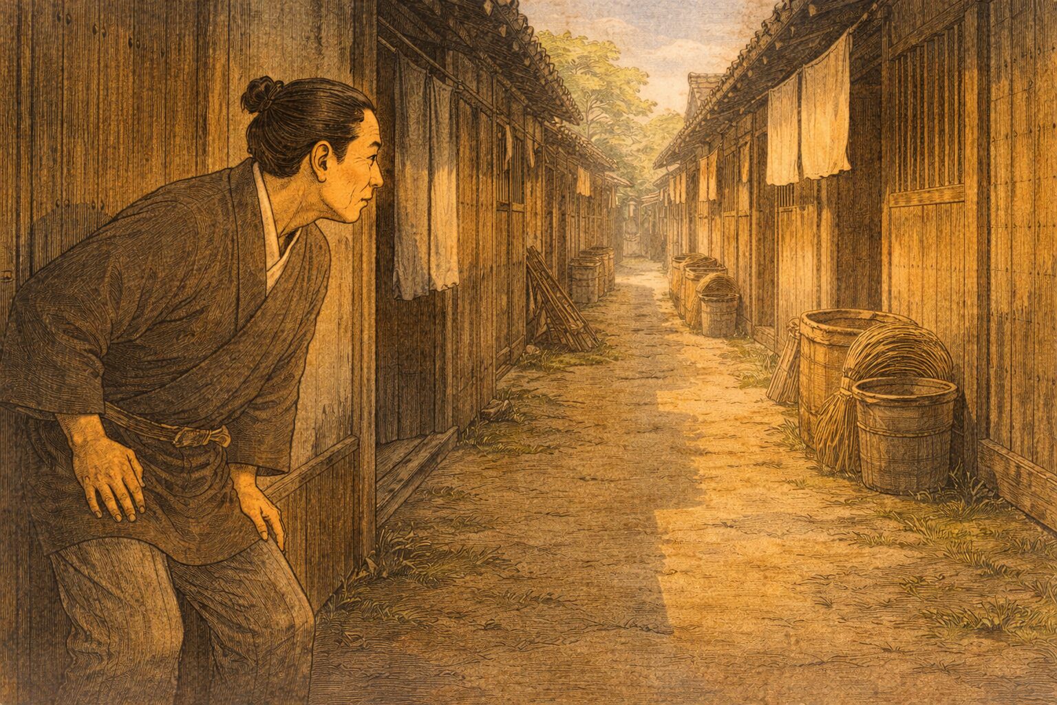 昼の長屋の路地で男が奥を気にしながら番をする一場面