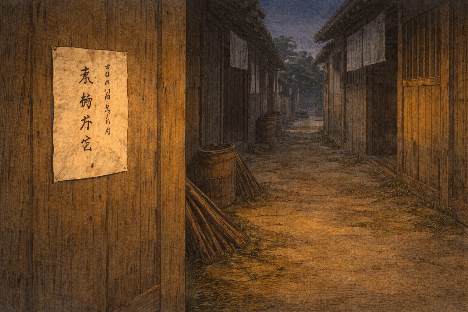 夜の路地の片隅に張り紙だけが残り静かな余韻が漂う一場面