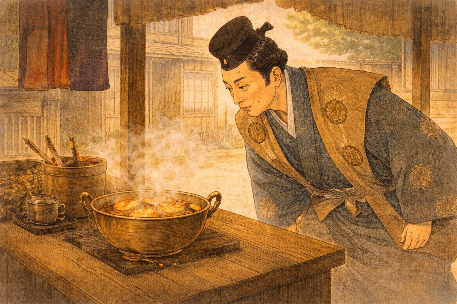 昼の煮売り屋の店先で殿様が湯気立つ鍋に目を向ける一場面