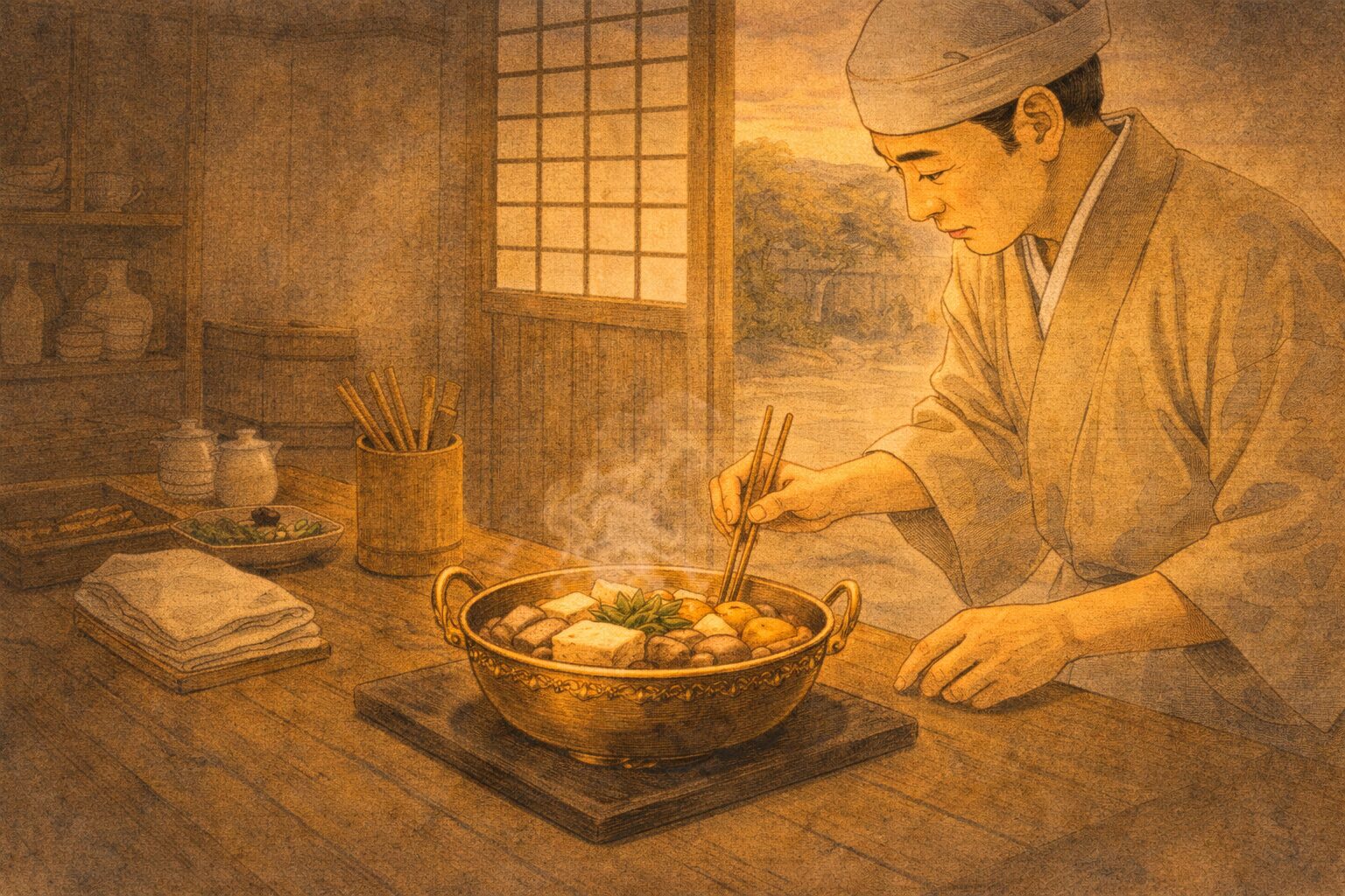 夕方の屋敷の台所で料理番が上品な鍋を整える一場面