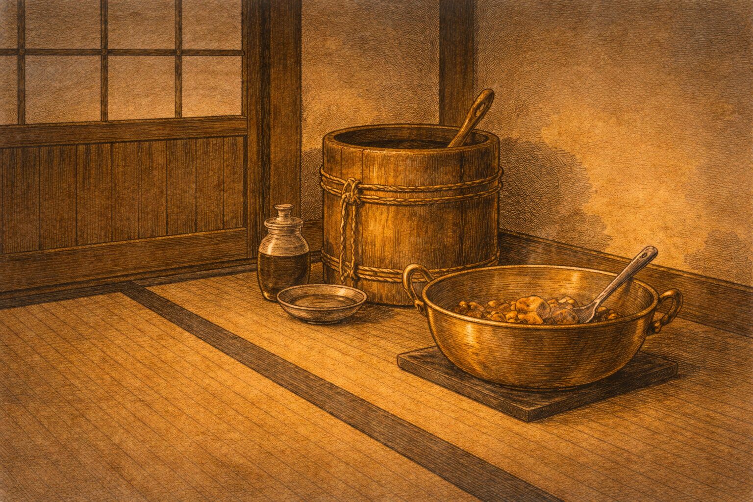 夜の座敷の隅に醤油樽と鍋だけが残る一場面