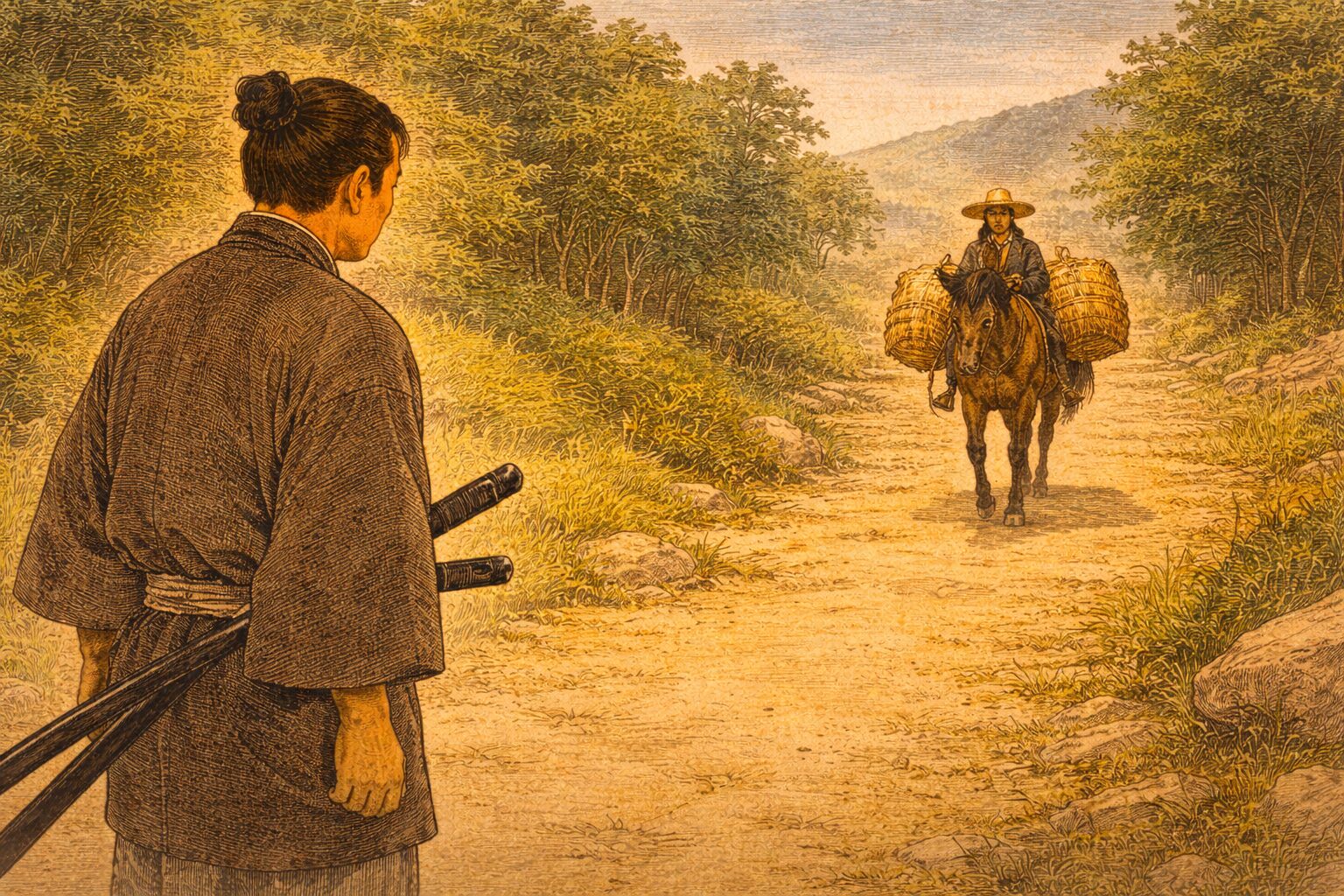 昼の街道で浪人が向こうから来る馬子を気にして立ち止まる一場面