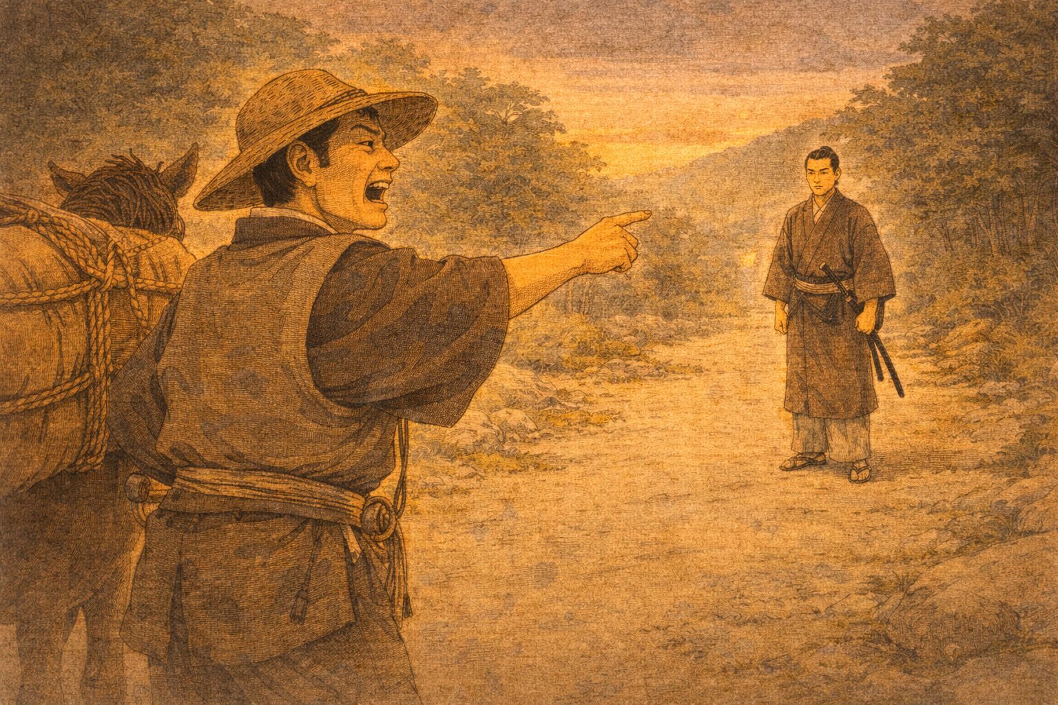 夕方の道ばたで馬子が振り返り浪人へ言い返す一場面