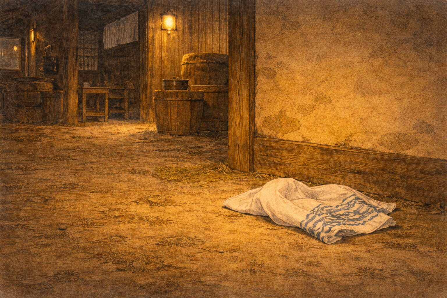 夜の宿場の片隅に手ぬぐいだけが残り悔しさの余韻が漂う一場面