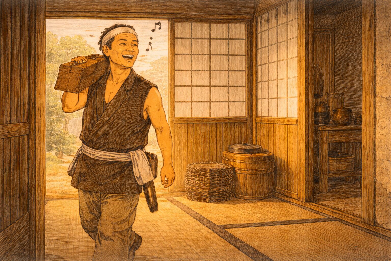 昼の長屋の一室で大工が囃子の調子のまま帰ってくる一場面