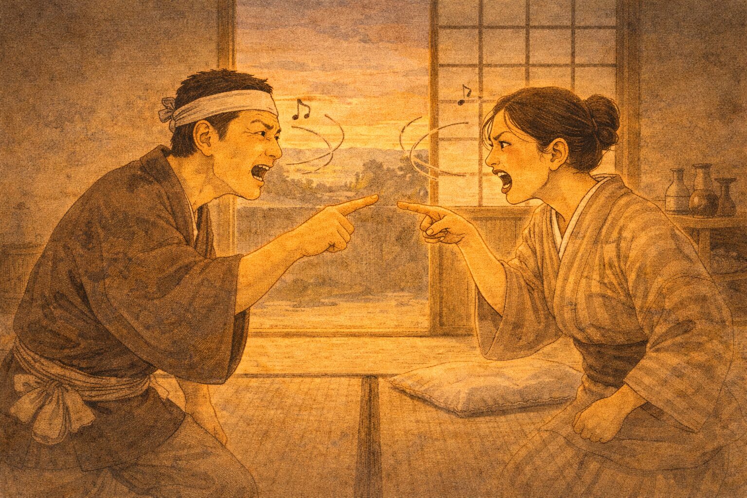 夕方の長屋で夫婦が向かい合い囃子のような喧嘩をする一場面