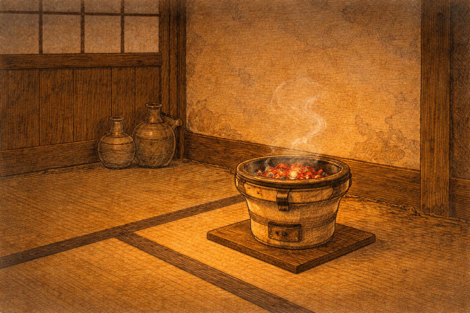 夜の長屋の片隅に七輪だけが残り囃子の余韻が漂う一場面