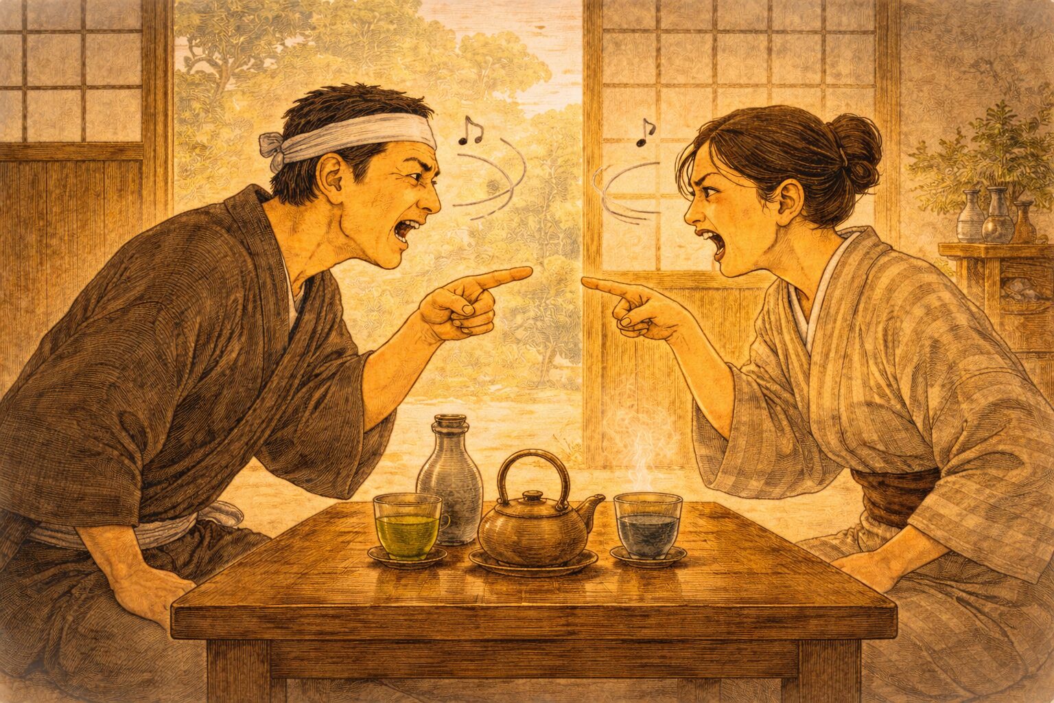 昼の茶の間で夫婦が向かい合い飲み物のことで言い争う一場面