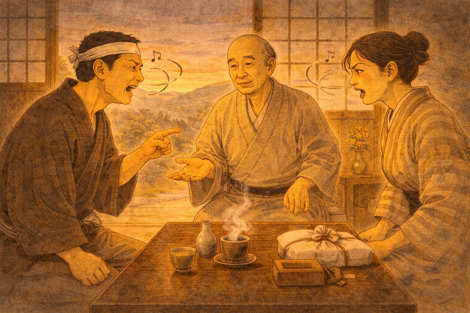 夕方の座敷で舅が夫婦のあいだに入り娘の支度を指図する一場面